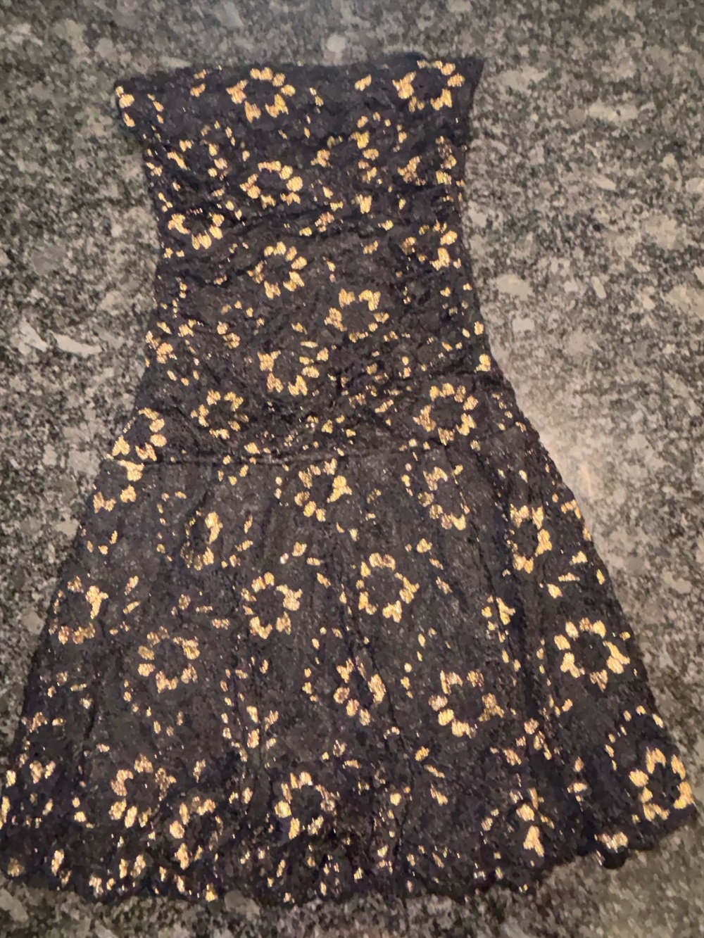 Strapless Black Lace Dress with Gold Floral Accents